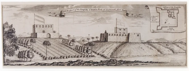 Perspectiva do sudoeste dos Fortes ingleses e holandeses em Sakkundi, c.1744